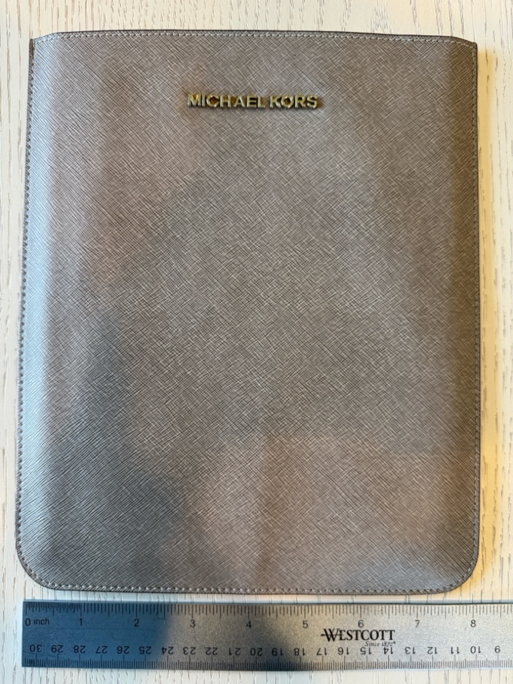Michael Kors Metallic Taupe Leather Tablet Sleeve with Gold Logo